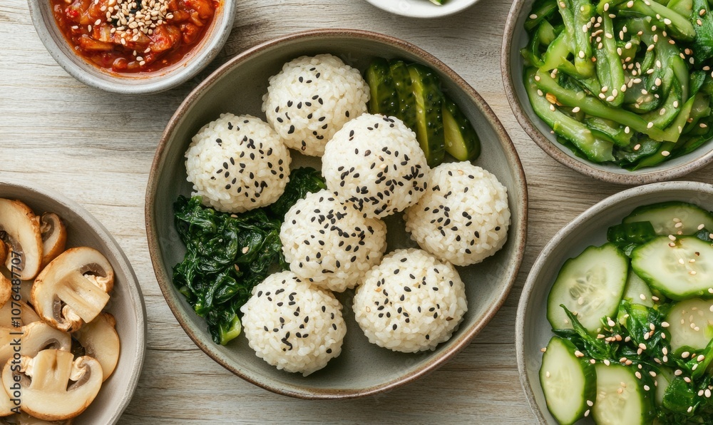 A variety of Asian dishes are laid out on a table, including rice, vegetables A variety of Asian dishes are laid out on a table, including rice, vegetables