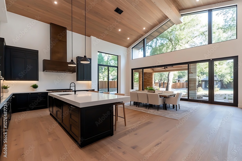 custom made wallpaper toronto digitalModern kitchen with large windows, black cabinets, and a white island.