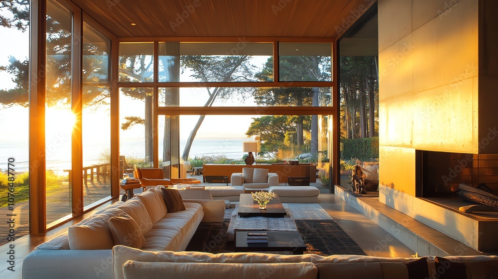 Fototapeta premium A modern living room with a large sectional sofa and a view of the ocean and sunset through large windows.