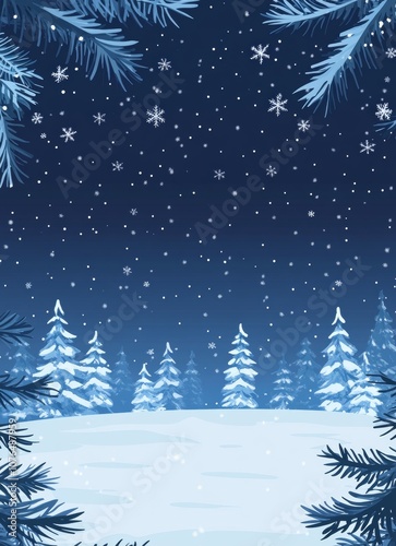 Vertical Snowy background with snowflakes falling, creating an atmosphere of magic and wonder for Christmas cards. The blue sky is adorned with delicate white pine branches that surround the scene. 