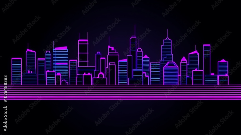 Neon City Skyline with Purple and Blue Glow