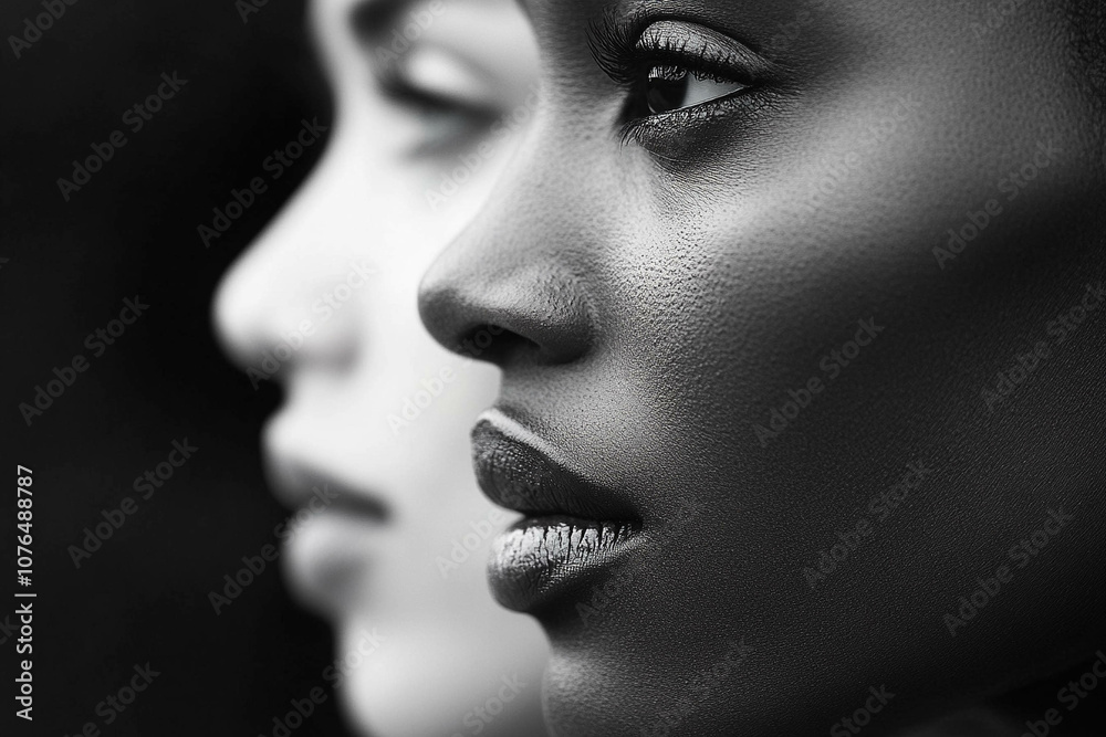 Contrasting Profiles in Black and White. Concept of race equality. Contrasting Profiles in Black and White. Concept of race equality.