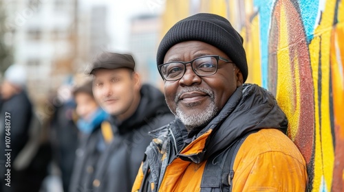 An elderly man smiles warmly while leaning against a colorful mural, dressed in an orange jacket and black beanie. Others can be seen blurred in the background, enjoying the atmosphere