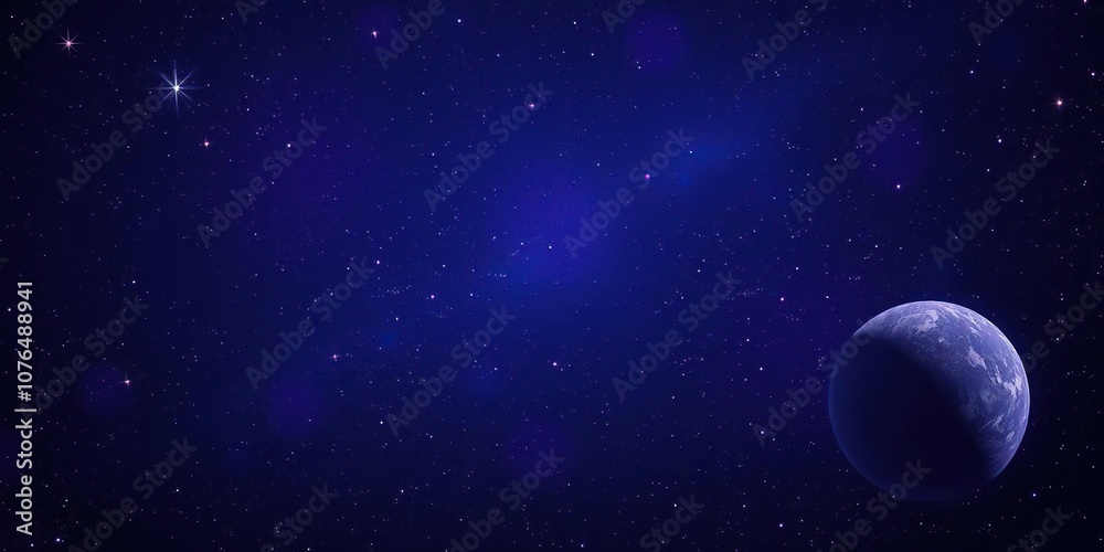 A dark blue galaxy background adorned with twinkling stars and glowing planets against a backdrop of deep purple, astronomy, galaxies