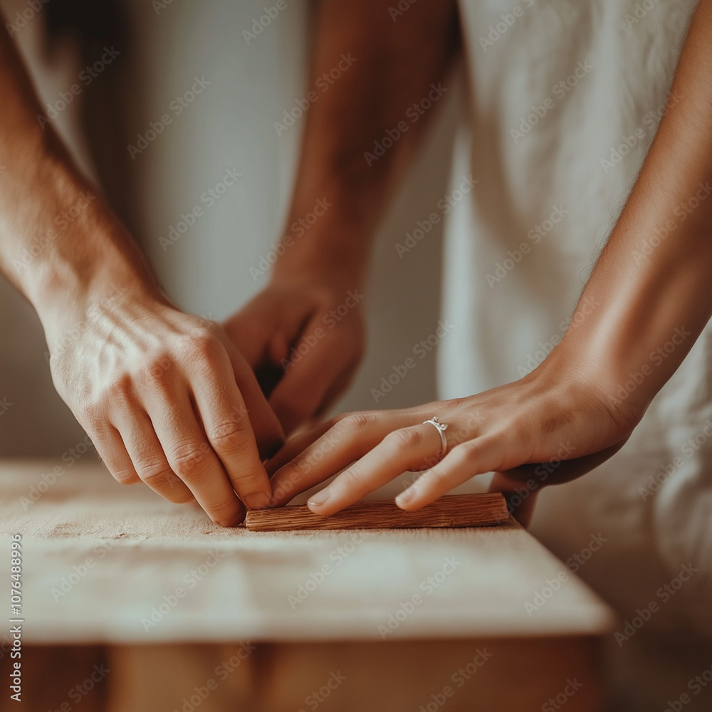 MinimalisMinimalist style, close-up of couple’s hands carving wood, simple neutral background