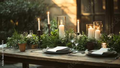 Romantic Candlelit Table Setting with Greenery