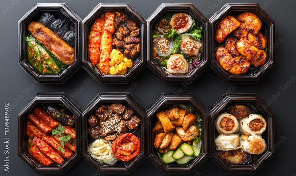 A variety of Asian food is displayed in a row of plastic containers