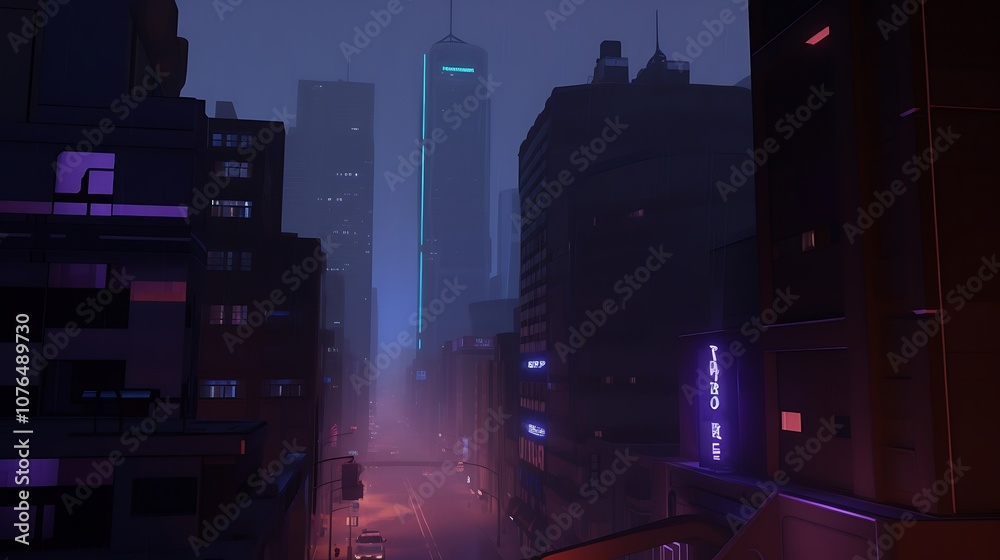 A View of a Foggy City Street at Night with Neon Signs A View of a Foggy City Street at Night with Neon Signs