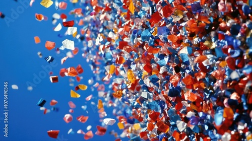 Colorful confetti falling from the blue sky, perfect for celebrations and parties photo