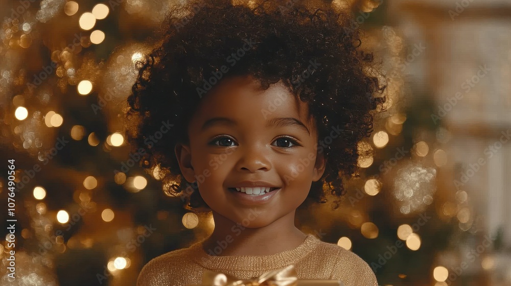 A young child with curly hair beams joyfully while holding a present, standing in front of a decorated Christmas tree illuminated with warm lights A young child with curly hair beams joyfully while holding a present, standing in front of a decorated Christmas tree illuminated with warm lights