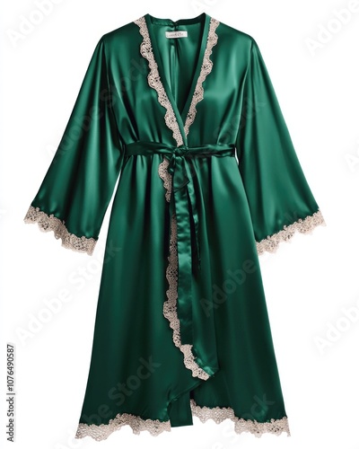 A woman is wearing a green robe with lace trim