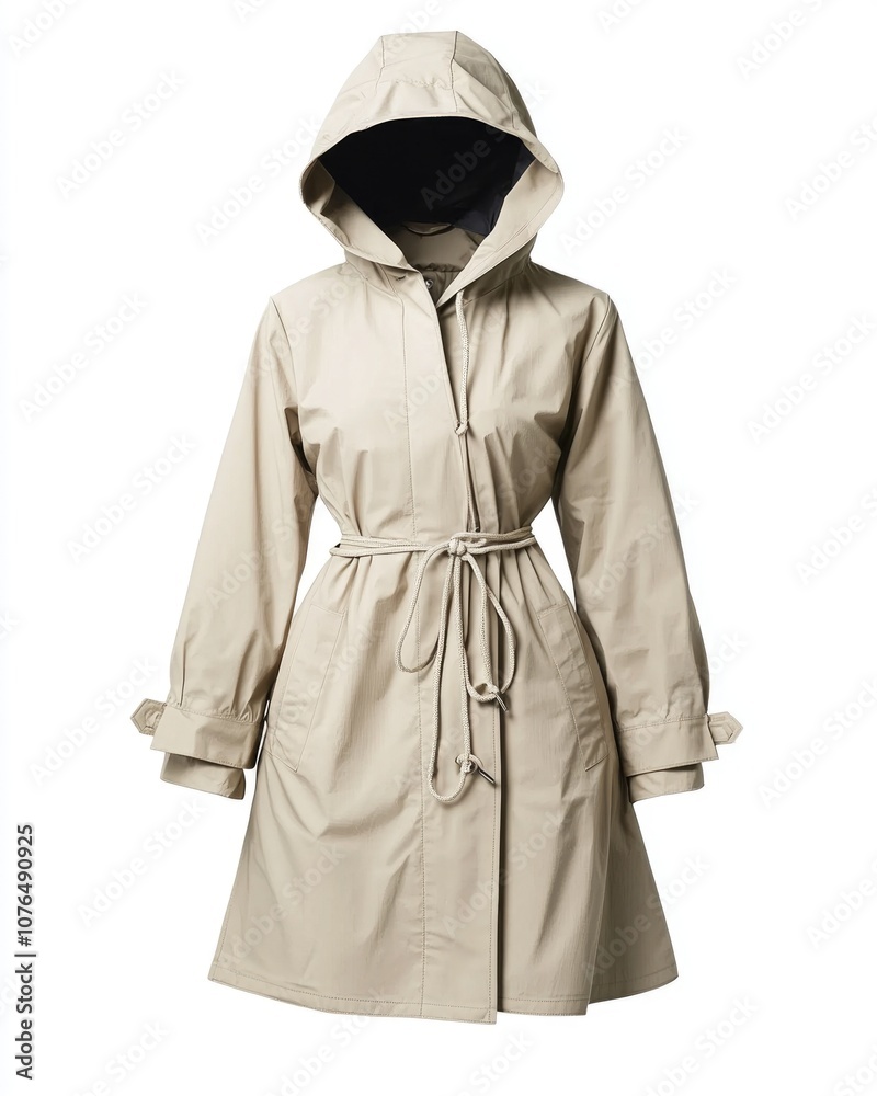 Women's sleek light beige raincoat with drawstring waist, large hood, knee-length Women's sleek light beige raincoat with drawstring waist, large hood, knee-length