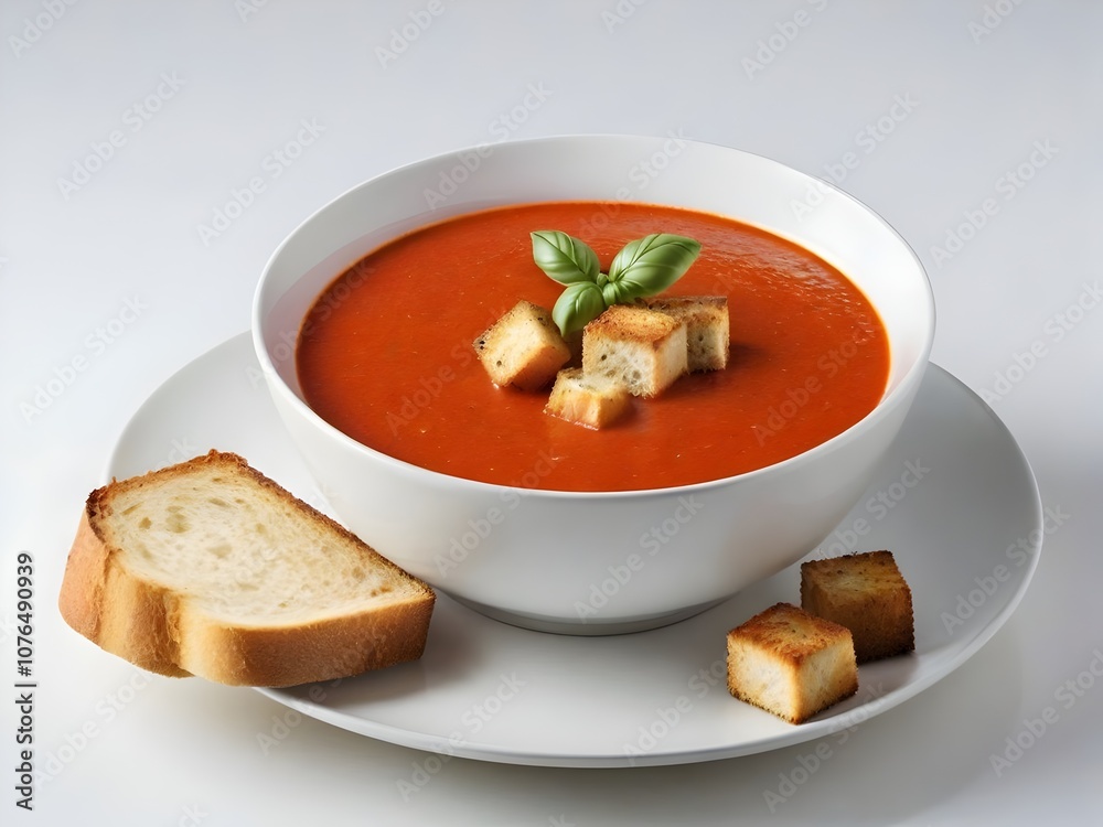 A bowl of tomato soup with croutons, isolated on a white background A bowl of tomato soup with croutons, isolated on a white background