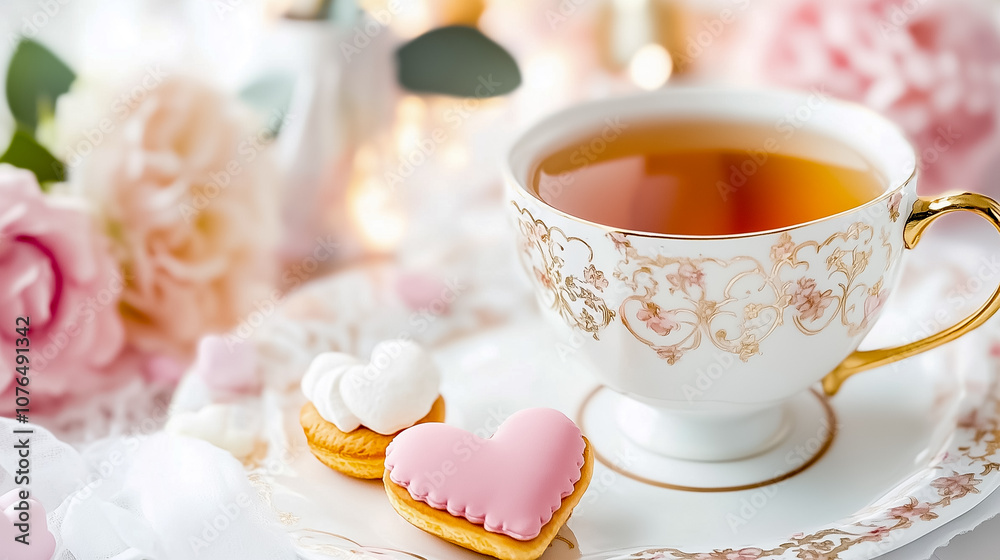 Enjoying a peaceful afternoon with a cup of tea accompanied by decorative heart-shaped cookies and pink roses Enjoying a peaceful afternoon with a cup of tea accompanied by decorative heart-shaped cookies and pink roses
