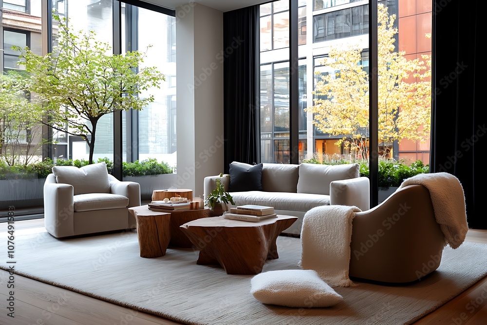 Fototapeta premium Modern living room with large windows, a beige sofa, two armchairs, a wooden coffee table, and a rug.