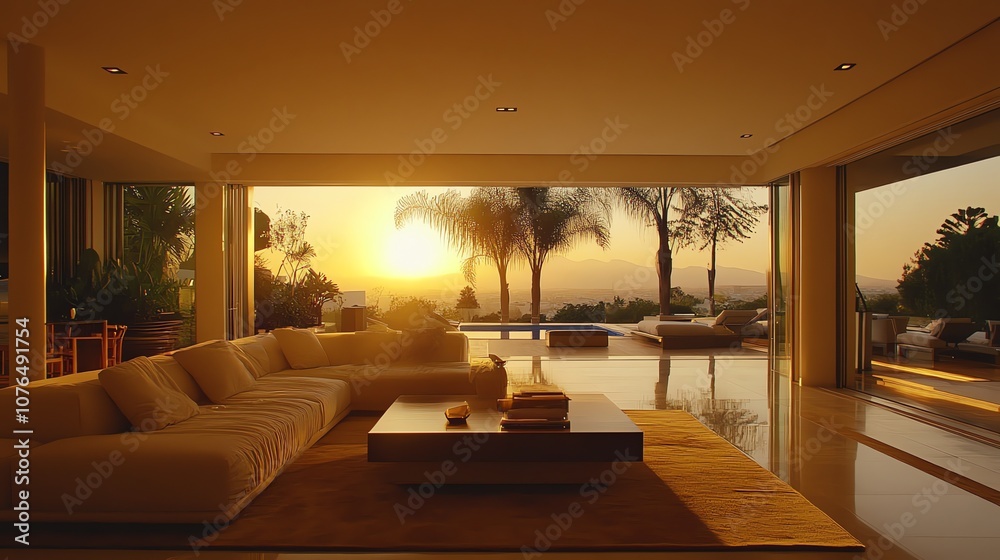 A modern living room with a large sectional sofa facing a fireplace and large windows with a view of the ocean. A modern living room with a large sectional sofa facing a fireplace and large windows with a view of the ocean.