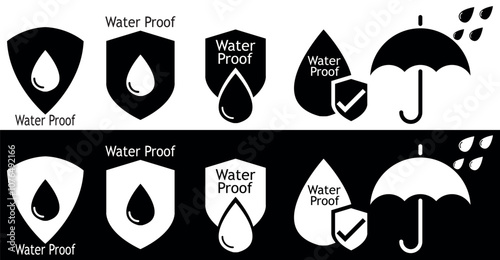 Collection of  Waterproof icons. Black and white Set of water resistant signs. Shield with water drop. Anti wetting material. Vector illustration.