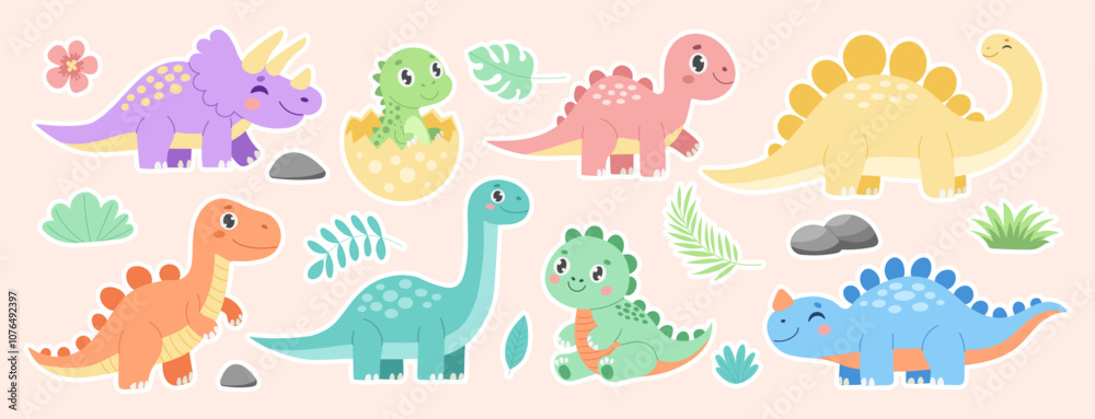 Obraz premium A set of dinosaur stickers with different colors and sizes. Some of the dinosaurs are green, while others are orange or yellow