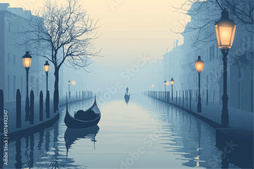 A serene, misty morning canal scene with two gondolas drifting on calm waters, framed by bare trees and softly glowing streetlights, creating a tranquil, ethereal atmosphere