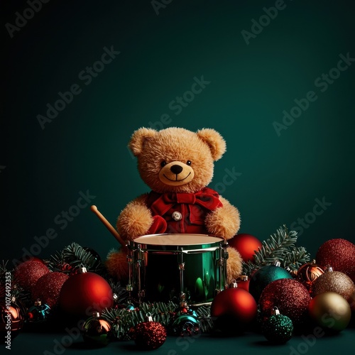 Adorable tin drummer bear toy with christmas ribbon surrounded by festive ornaments and greenery for holiday cheer