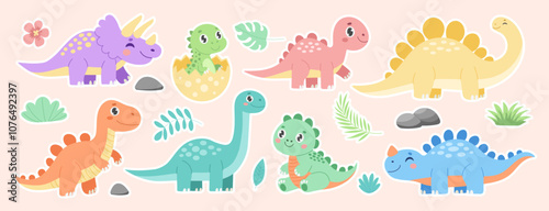 A set of dinosaur stickers with different colors and sizes. Some of the dinosaurs are green, while others are orange or yellow