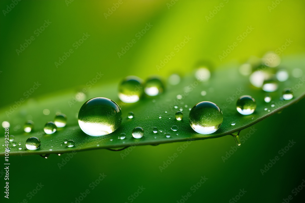 Large beautiful drops of transparent rain water on a green leaf macro. Drops of dew in the morning glow in the sun. Beautiful leaf texture in nature. Natural background Large beautiful drops of transparent rain water on a green leaf macro. Drops of dew in the morning glow in the sun. Beautiful leaf texture in nature. Natural background