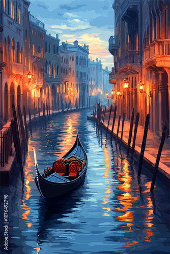 A picturesque Venetian canal at twilight, featuring a gondola with cushions on calm waters, surrounded by historic buildings and illuminated by warm streetlights reflecting on the water