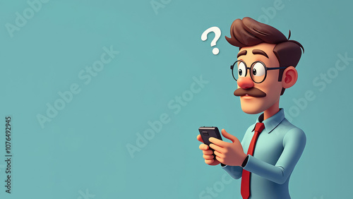 confused man in glasses with questioning expression texting in smartphone on teal background, funny cartoon illustrated banner with copyspace. modern technologies, internet communication, social media