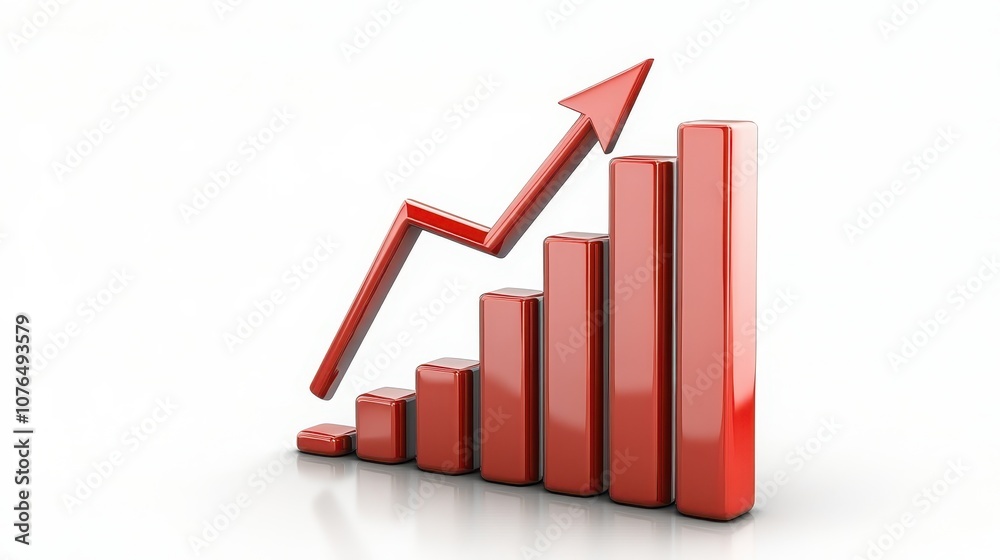 Red bar chart with upward arrow symbolizing growth, progress and business success in financial reports sales Red bar chart with upward arrow symbolizing growth, progress and business success in financial reports sales