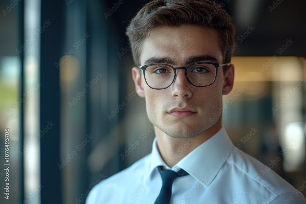 Fototapeta premium A young adult dressed formally with glasses and a tie, suitable for business or professional settings