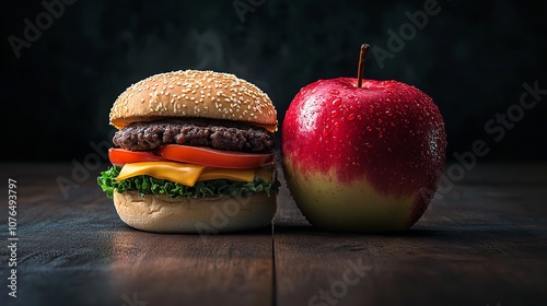 Image Split in Half Hamburger and Apple. Healthy vs Unhealthy

 photo