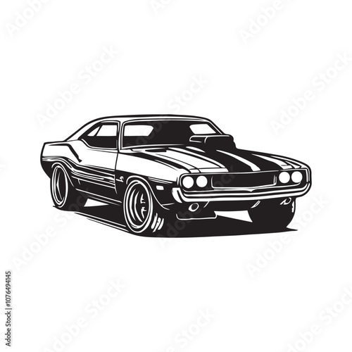 American 70s customized muscle car  line art silhouette vector  on a white background