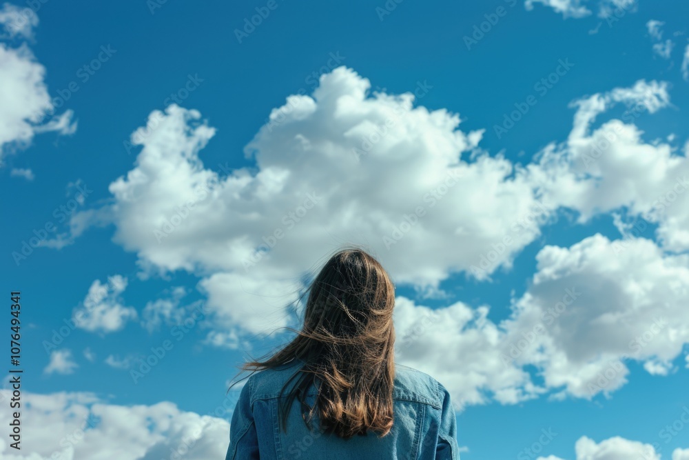 A woman stands facing the camera, with a cloudy blue sky behind her A woman stands facing the camera, with a cloudy blue sky behind her