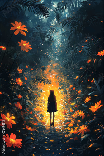 A mystical scene of a silhouetted figure on a path surrounded by glowing orange flowers and dense foliage, illuminated by a warm light source in a dark forest