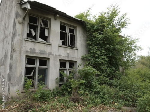 A dilapidated, abandoned building with broken windows and overgrown foliage, symbolizing isolation and neglect, alone, empty