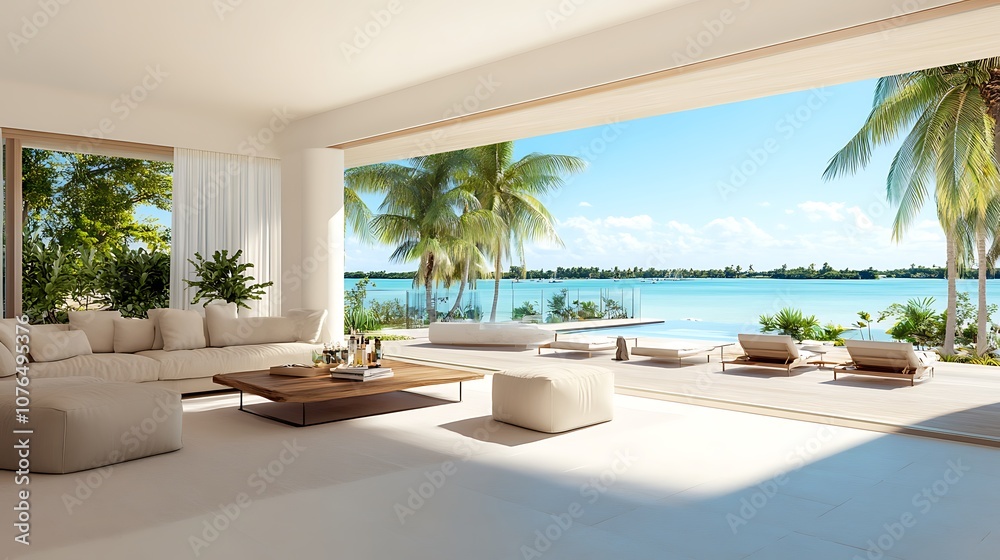 Modern living room with sliding doors opening to a tropical pool and ocean view. Modern living room with sliding doors opening to a tropical pool and ocean view.