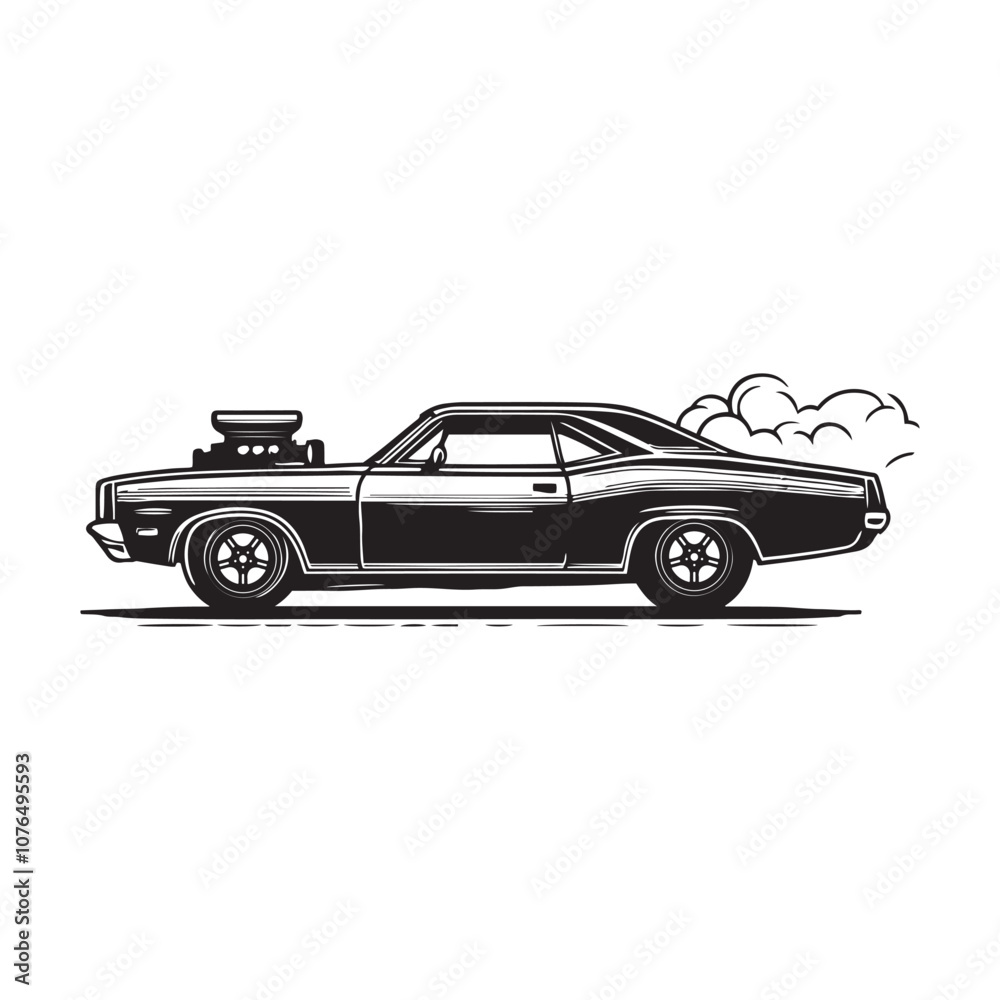 Obraz premium American 70s customized muscle car line art silhouette vector on a white background