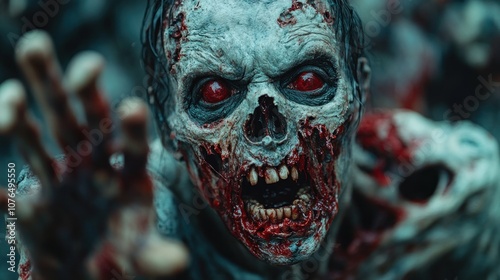 A close-up of a zombie with bloodied features and glowing eyes. photo