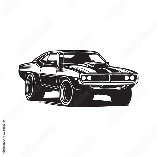 American 70s customized muscle car  line art silhouette vector  on a white background