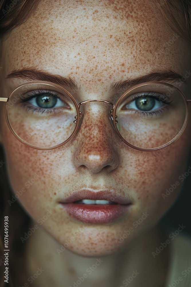 Close-up portrait of a woman wearing glasses and looking straight ahead Close-up portrait of a woman wearing glasses and looking straight ahead