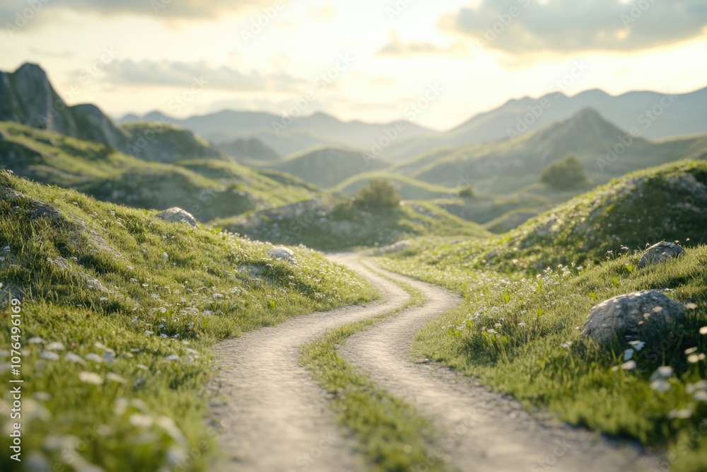 A winding dirt road surrounded by lush green valley landscape A winding dirt road surrounded by lush green valley landscape