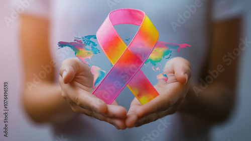 A woman holding a pink ribbon with a globe in the background, representing world cancer day awareness photo