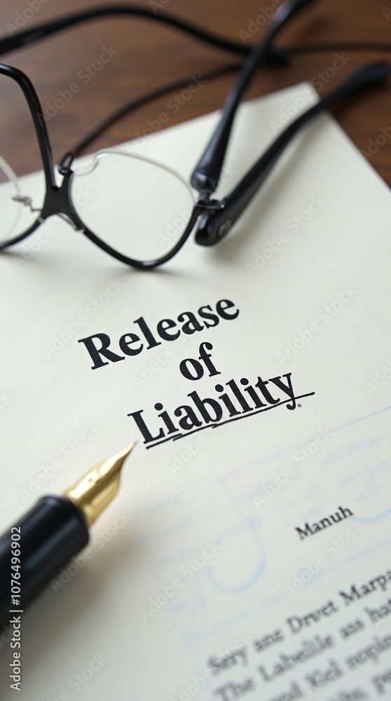 Release of liability document with fountain pen and glasses Release of liability document with fountain pen and glasses