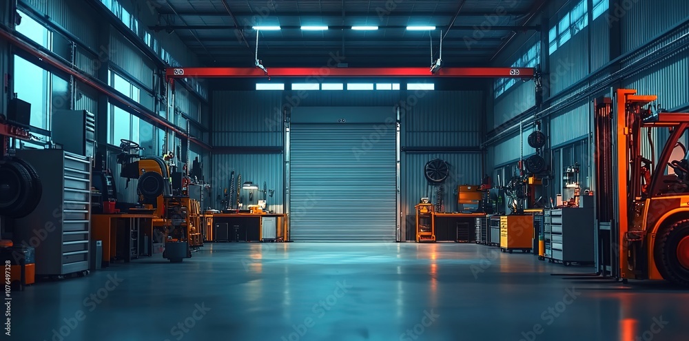 A wide-angle shot of an empty modern garage with high ceilings, illuminated by bright lighting. A wide-angle shot of an empty modern garage with high ceilings, illuminated by bright lighting.