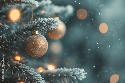 A close-up shot of a Christmas ornament on a tree, ideal for holiday decoration and gift inspiration photo