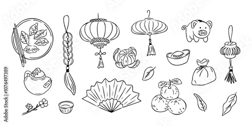Chinese New Year doodle set. Monochrome vector contour stickers with dumpling, coins, tea set and Chinees lanterns isolated oh white background. Sketchy drawing for winter Asian holiday.
