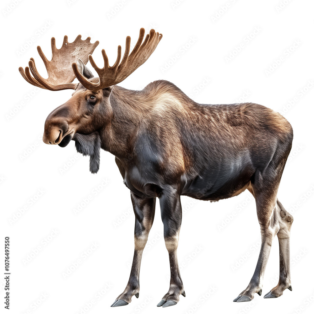 Full-body side view of a realistic, detailed photograph of an old, large male moose with large antlers, isolated on a transparent background Full-body side view of a realistic, detailed photograph of an old, large male moose with large antlers, isolated on a transparent background