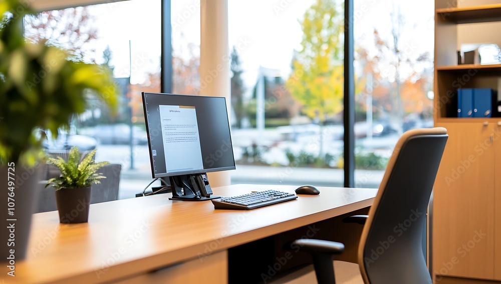 Modern office desk with computer, keyboard, mouse, and plants in front of large window. Modern office desk with computer, keyboard, mouse, and plants in front of large window.