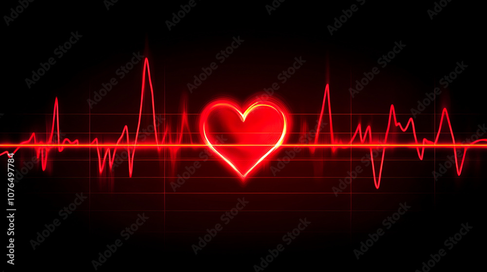 Illustration of a glowing red heartbeat line with a heart symbol in the center, representing life, health, and cardiovascular themes Illustration of a glowing red heartbeat line with a heart symbol in the center, representing life, health, and cardiovascular themes