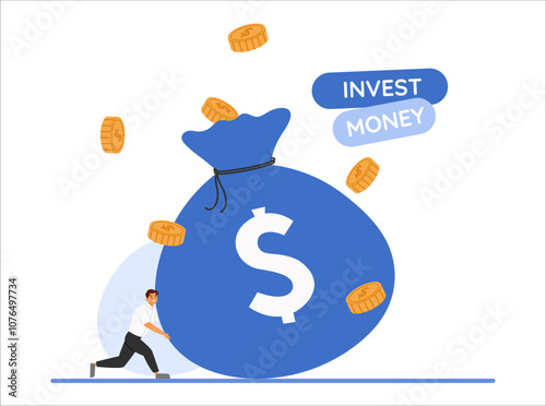 Illustration of a businessman moving a big money bag, showcasing concepts of revenue increase and wealth creation